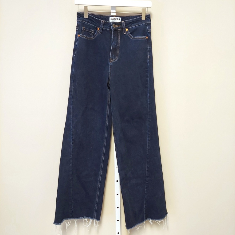 BAYEAS Women's Dark Wash Beth High Rise Wide Leg‎ Jeans Raw Hem Size 26